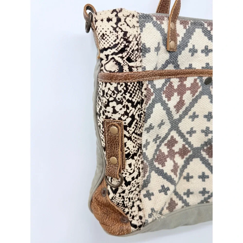 Myrha Large Tote‎ Festival Boho Y2K Upcycled Canvas Leather Brown White Summer
